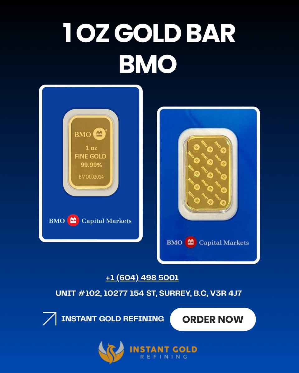 instantgoldinc's tweet photo. Looking for a 1 oz Bank of Montreal (BMO) gold bar? Instant Gold Refining offers authentic BMO gold bars at competitive prices with trusted, transparent service. #instantgoldrefining https://t.co/c04vu15aqo