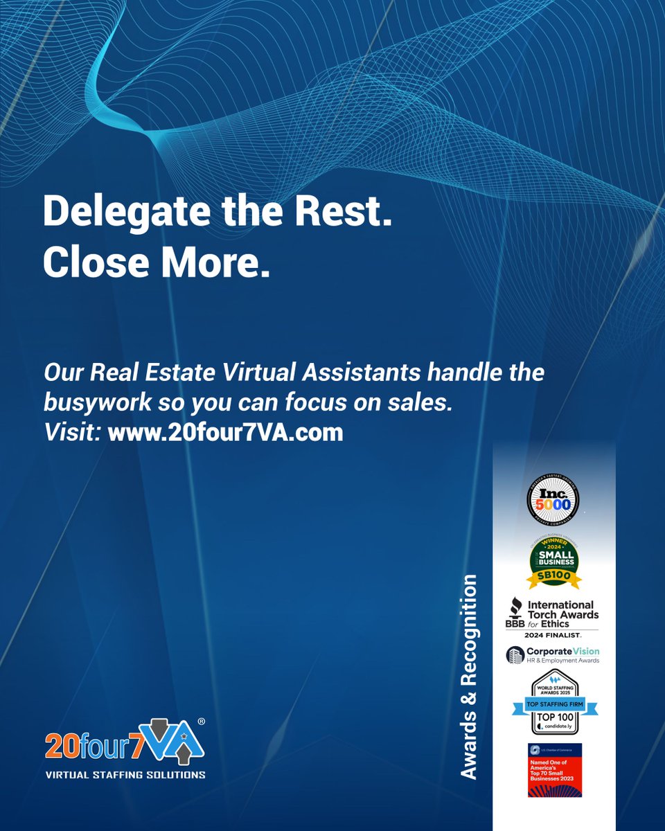 20four7VA's tweet image. Top agents don’t do everything. They delegate.
A Real Estate VA handles the busywork so you can stay in front of clients and close more deals.
👉 Visit go.20four7va.com to start delegating smarter.

#RealEstateVirtualAssistant #DelegateToScale #RealtorSupport #RealEstate