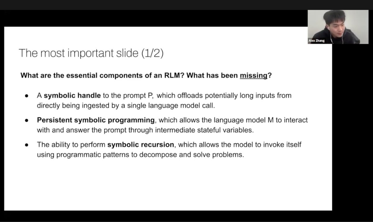 askalphaxiv's tweet photo. Thanks to the hundreds who showed up to our talk on Recursive Language Models and special thanks to our speaker @a1zhang!

RLMs are an incredible inference strategy for handling arbitrary long prompts 🔥

In case you missed it, check out the recording in the link below! https://t.co/N9orNlJoFz
