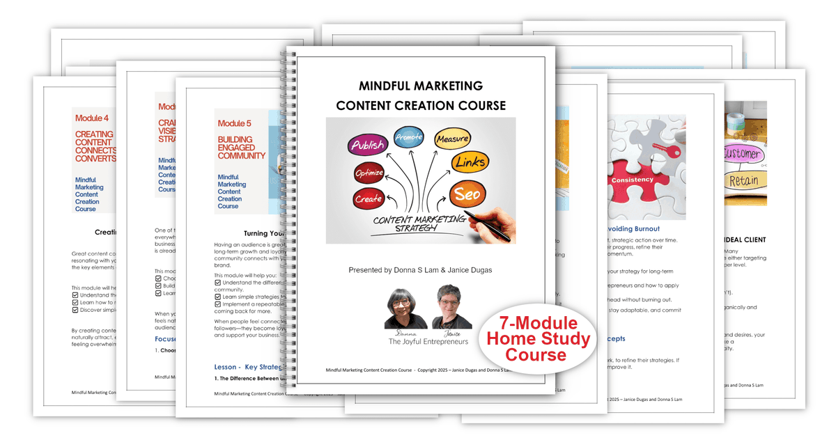 LoreneTroyer1's tweet image. "Mindful Marketing Content Creation Course." Donna Lam and Janice Dugas guide you in building an online presence that’s strategic, authentic, and aligned with your values—without overwhelm or the pressure to chase trends that don’t feel right. #Mindful lorenebiz.com/MindfulMarketi…