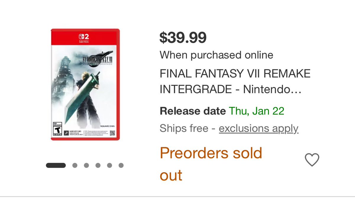 younghavok's tweet image. Final fantasy 7 remake number 1 on the eshop. Number 2 on North America Amazon. Preorders sold out at target. 

Safe to say Nintendo fans showed up and showed out for this one.