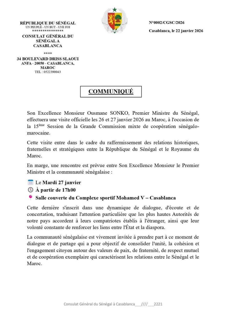 Calendrier de la Visite du premier ministre Ousmane Sonko au Maroc