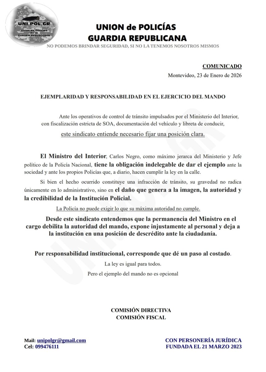 COMUNICADO OFICIAL 
23/01/2026. 
El ejemplo del mando no es opcional <a href="/CNegro7/">Carlos Negro</a> <a href="/Minterioruy/">Ministerio del Interior</a>