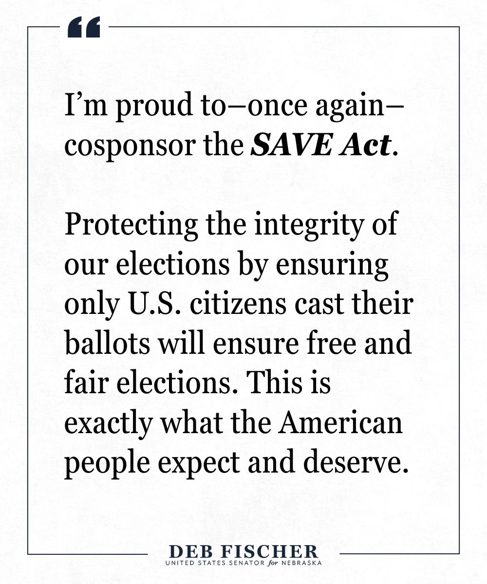 ScottPresler's tweet image. WOW! 

Senator Deb Fischer (R-NE) is now a public YES for the SAVE Act. 

This is huge news! More Senators are joining the peaceful fight for election integrity. 

Can we all please 👉THANK👈 @SenatorFischer? 

Thank you. 

👏