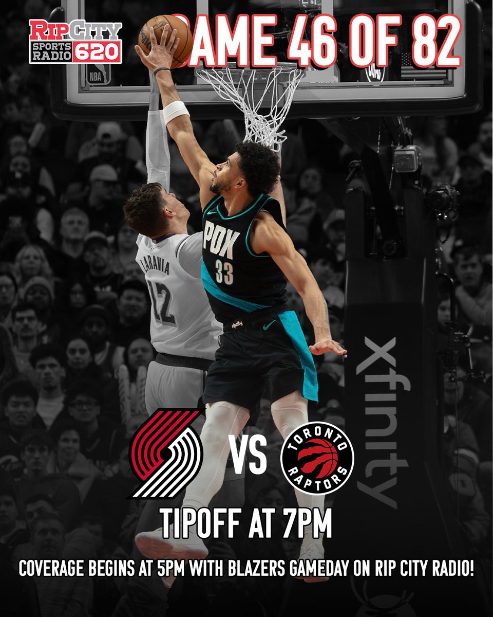 Game 46 of 82: <a href="/trailblazers/">Portland Trail Blazers</a>  vs Raptors

Coverage begins at 5pm with Blazers Gameday hosted by <a href="/ChrisJBurkhardt/">Chris Burkhardt</a>, followed by the Blazers pregame show with <a href="/Principal_Long/">Curtis Long</a>

Tipoff at 7pm with <a href="/travisdemers/">Travis Demers</a>  on the call!

All here on Rip City Radio

#RipCity