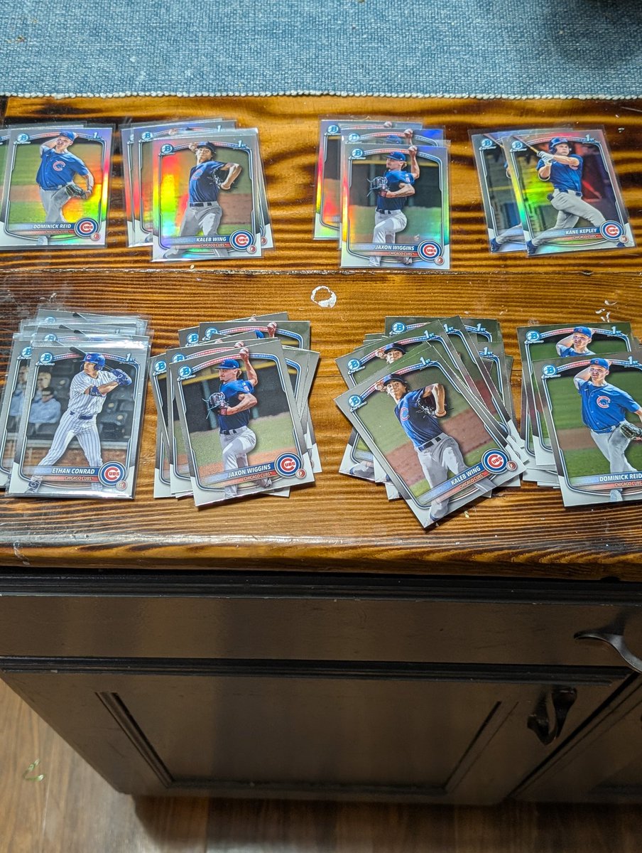 I have multiples of refractors and base chrome Ethan Conrad, Kaleb Wing, Jaxon Wiggins, Dominick Reid, and Kane Kepley. All available in bulk or selling singles. Refractors $5 a piece base $2