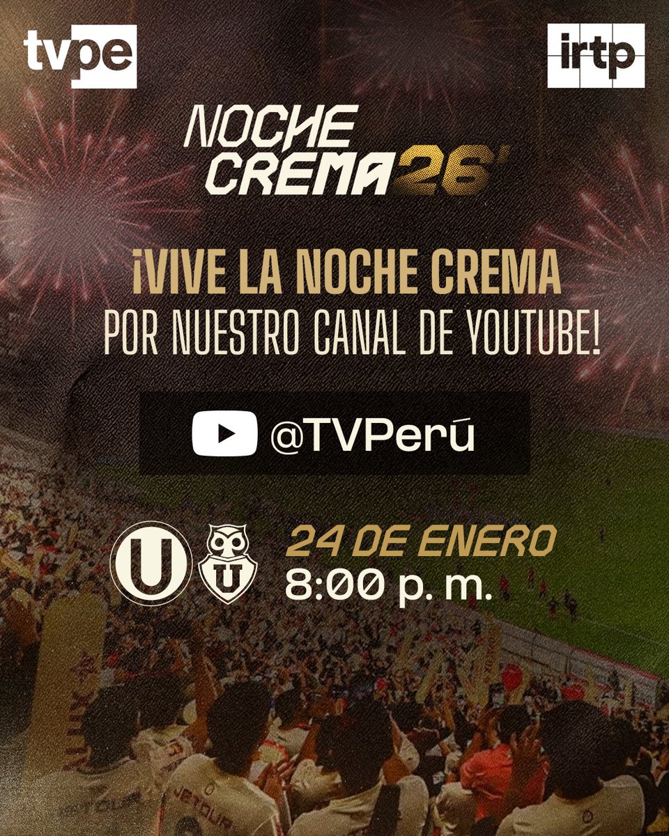 ¡LA NOCHE CREMA TAMBIÉN SE VIVE POR STREAMING! 🤍❤️
Este 24 de enero, la pasión de Universitario llega directo a tu corazón.

📲 Conéctate a nuestro canal de YouTube
🕔 Desde las 5 p. m.
✨ Vive la gran fiesta crema, la emoción, la música y el orgullo de ser de la “U”.