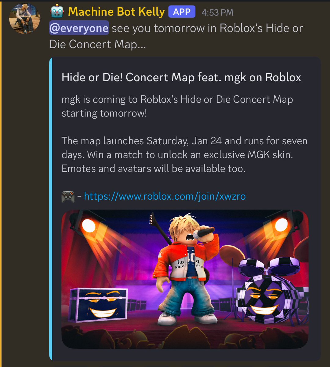 mgkcordupdates's tweet photo. 🚨| mgk will be making an appearance in roblox! https://t.co/YOQ5Sl9kKb