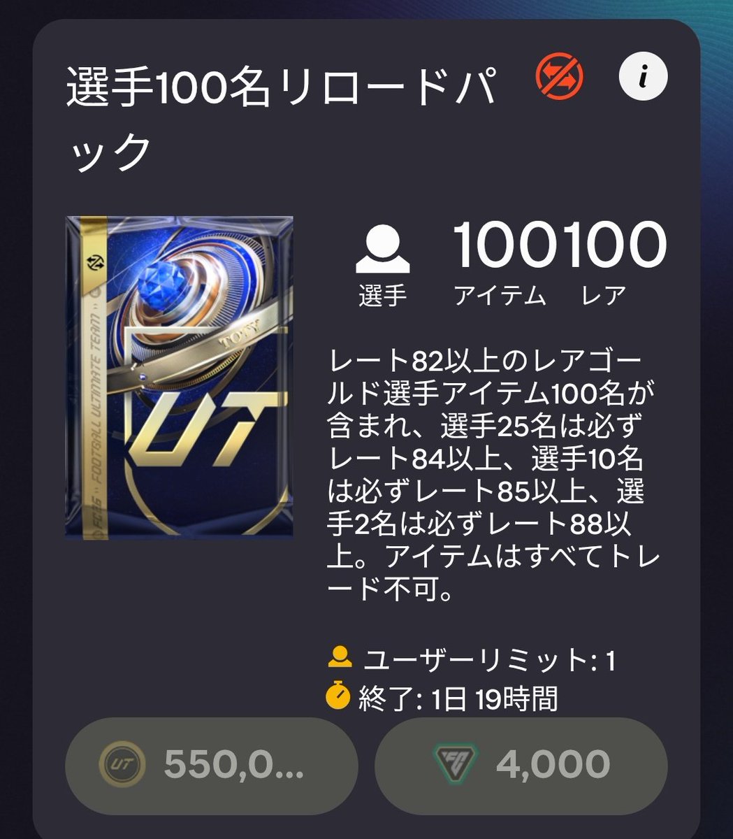 100名パック遅かったね。55万コインか4000FCポイントてｗ 流石だな。ひきてえええええ