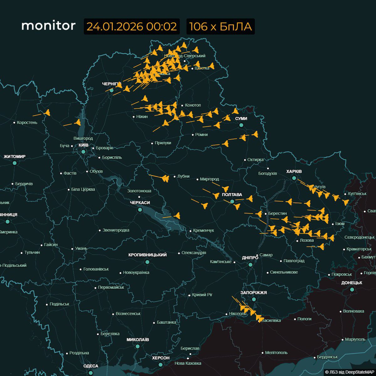 maria_avdv's tweet image. Russia massively attacks Ukraine right after day 1 of talks in Abu Dhabi. Skies full of drones. 12 explosions in Kharkiv in 15 min. Swarms of drones heading towards Kyiv.