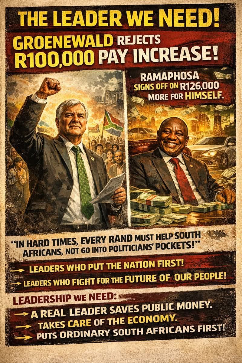 Lolita721611021's tweet image. 🇿🇦 Groenewald rejected a pay increase of over R100 000, saying it would be wrong to take such money while more than half of South Africans earn less than that. He warned that leaders should not benefit personally while ordinary people are losing jobs, struggling to feed their…