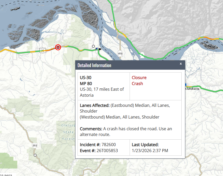jeremyscottpdx's tweet image. 🛑TRAFFIC ALERT: Highway 30 is closed 17 miles east of #Astoria due to a crash. ODOT reports this may be a lengthy closure. #pdxtraffic