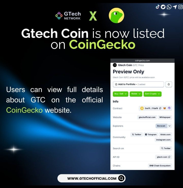 Gtech Coin has officially been listed on CoinGecko, one of the world's leading cryptocurrency data aggregators.
GTC Coin Gecko Link:
coingecko.com/en/coins/gtech…