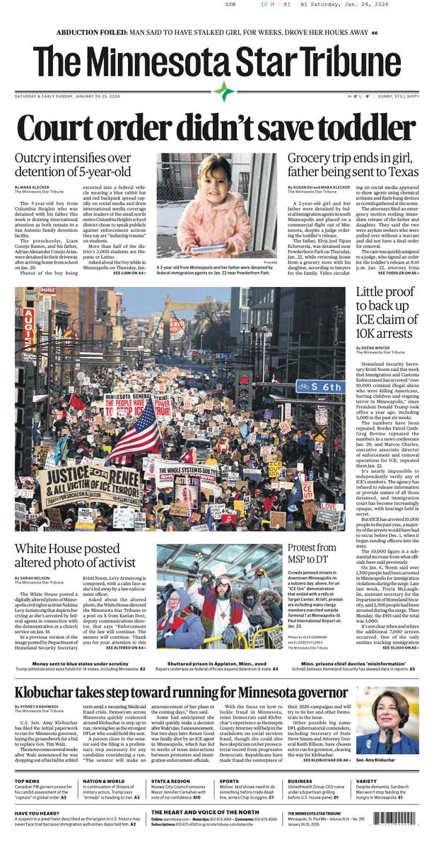 StarTribune's tweet image. Tomorrow's front page of the Minnesota Star Tribune: Jan. 24, 2026