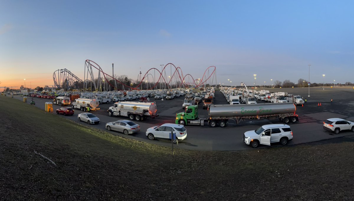 As night falls, <a href="/DukeEnergy/">Duke Energy</a> is staging 18,000+ workers across the Carolinas at more than 20 base camps so we are ready to respond as safely and quickly as possible. 

Here are <a href="/Carowinds/">Carowinds</a>, we expect around 800 trucks by tomorrow afternoon. #winterstormfern