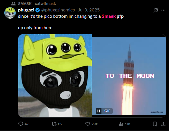 There will be runners, it's the trenches

That's why it's important to understand what you hold so you don't rotate bags 

I want to remind you what $MASK had in it's first couple of weeks. $MASK had every account on CT shilling it, asking if they should change their pfp 

Coins