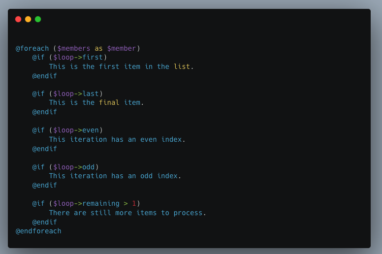 MikelAlilaj's tweet photo. Laravel Tip : Handy Blade Loop Helpers 💡

When looping in Blade, you often need to know if you’re on the first or last item, detect odd/even iterations, or check how many items are left.

Blade gives you the $loop variable with everything you need 🚀

#PHP #Laravel #LaravelTips https://t.co/KDFY4J0frd