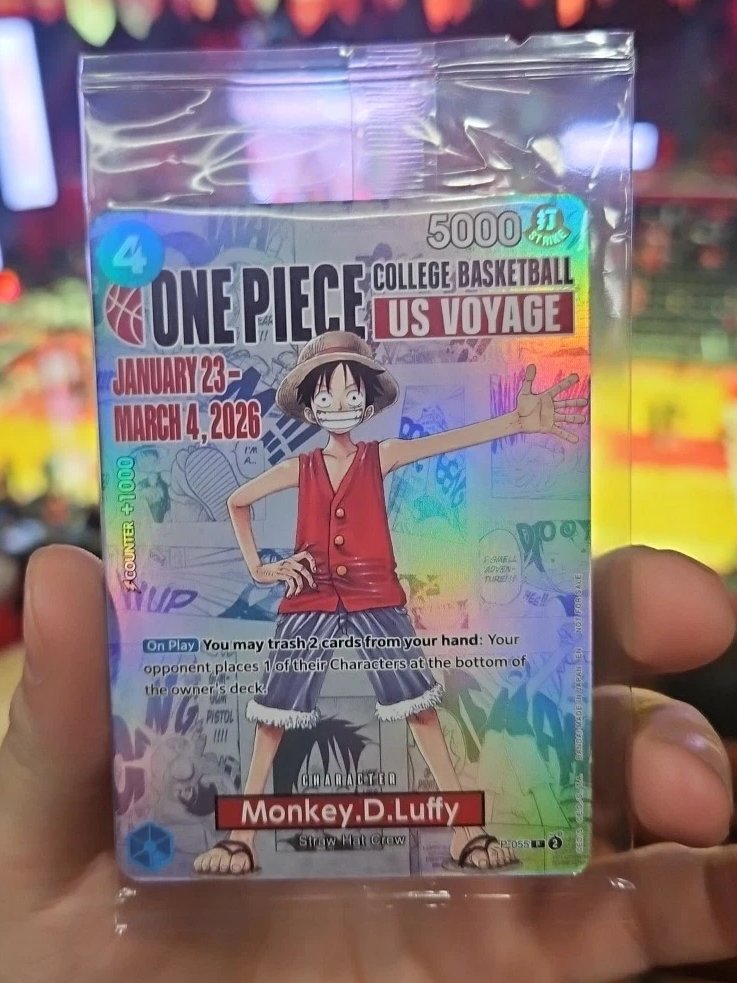 The OPTCG College Basketball US Voyage Luffy Promo Card is