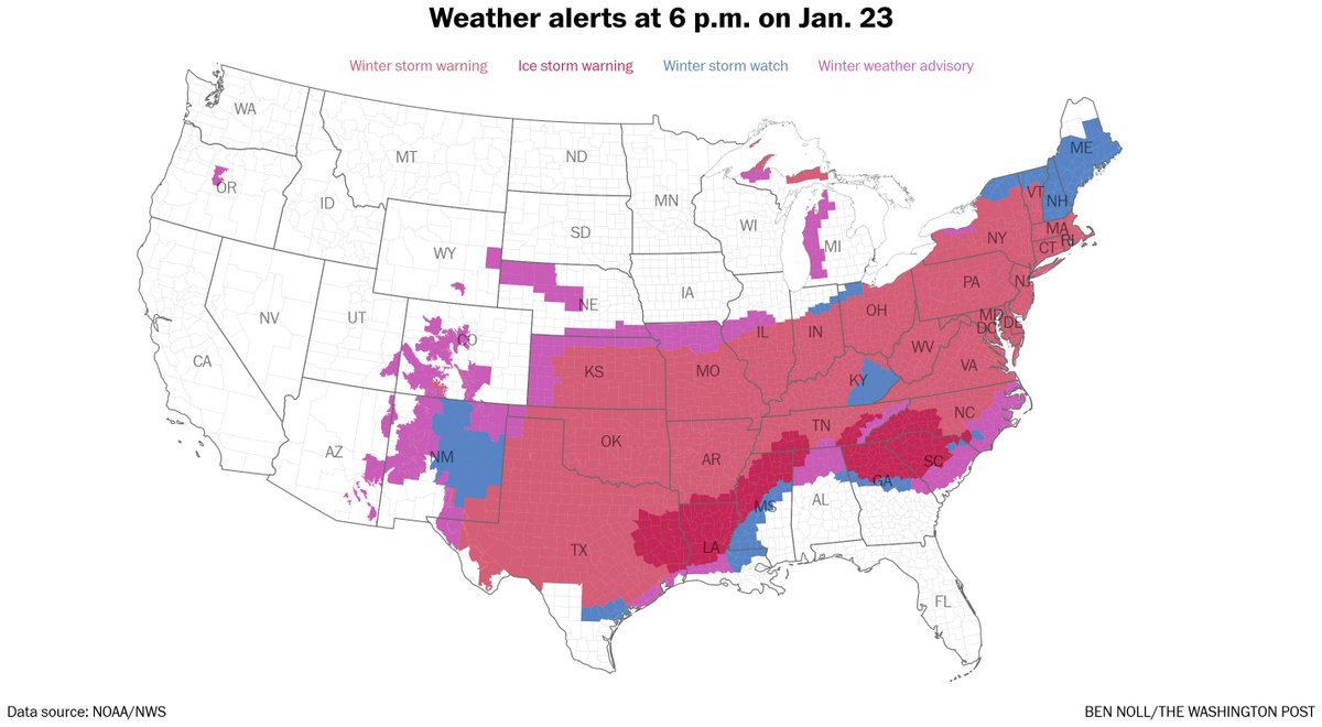 BenNollWeather's tweet image. I've been forecasting for two decades and I can't recall a time when so many areas were simultaneously covered by a winter storm warning.

In the United States, 53 percent of the total population is under an alert for this storm.