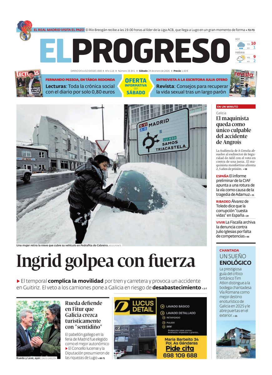elprogreso_Lugo's tweet photo. #PortadaEP 📰 Las consecuencias del paso de la borrasca Ingrid por Galicia, principal tema de portada en la edición impresa de El Progreso de este sábado 24 de enero https://t.co/jYFzvGdN8f