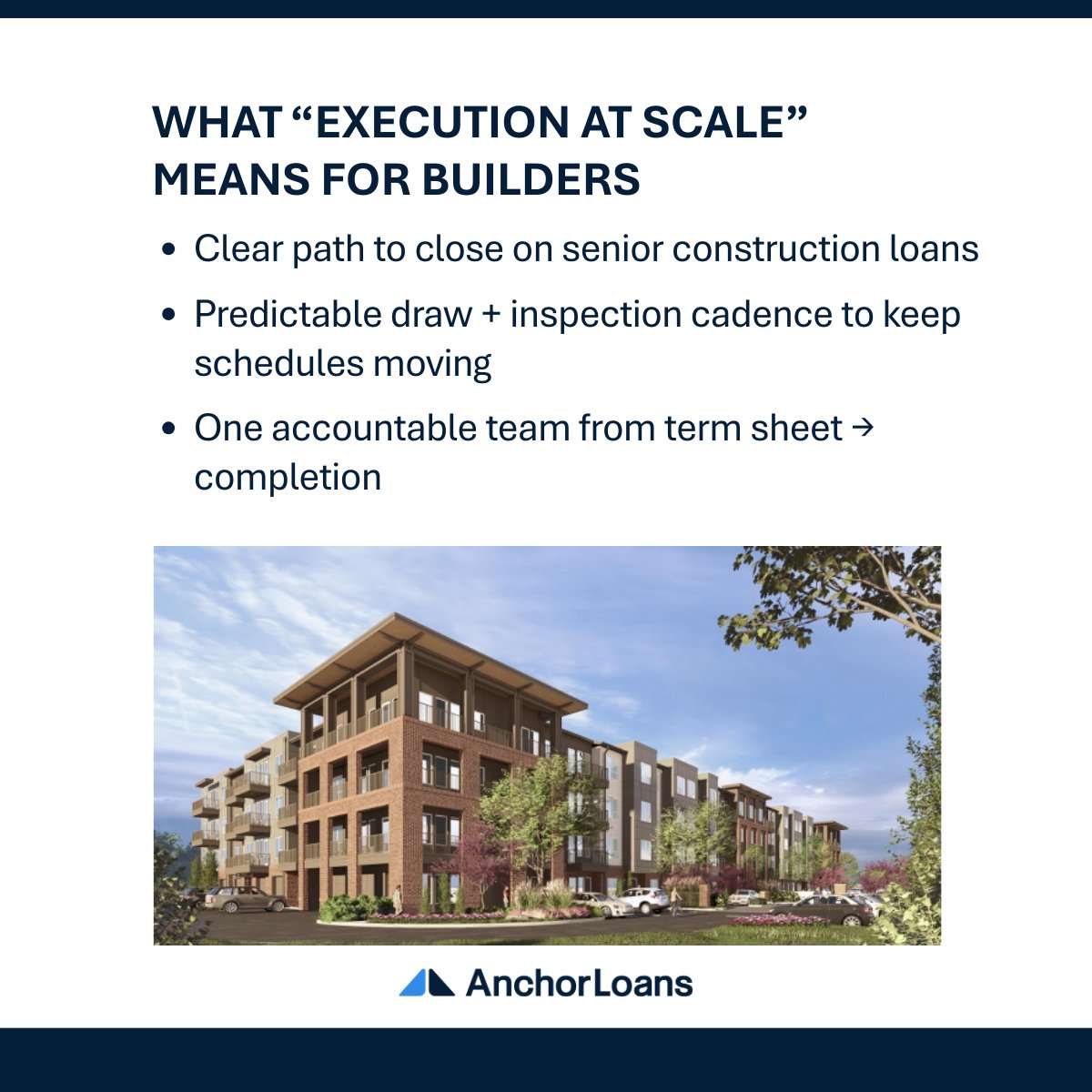 Our recent partnership with JPI is a great example of building at scale. Scale is repeatability, not just size. Builder-focused financing helps keep ground-up projects moving phase to phase. 

Planning a ground-up build? Reach out to Anchor Loans.