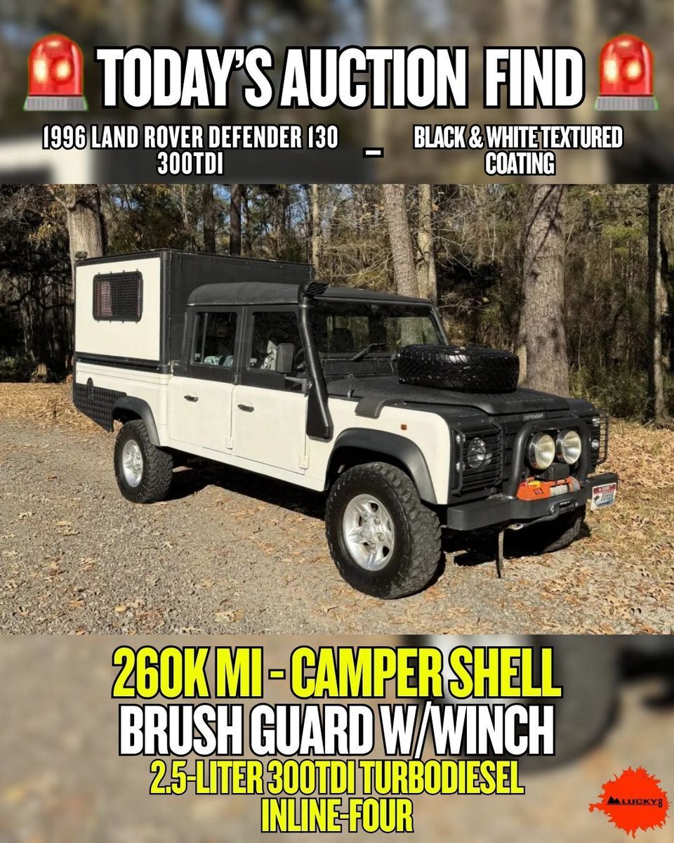 Lucky8OffRoad's tweet image. 🏁 AUCTION FIND: 1996 Defender 130

Rover friends — RHD Defender 130 Hi-Cap, 300Tdi diesel, 5-speed manual, camper setup, Europe-traveled, now in the U.S.

Honest condition. Serious history.

#AuctionFind #Defender130 #LandRover #300Tdi #Diesel4x4 #RoverFriends