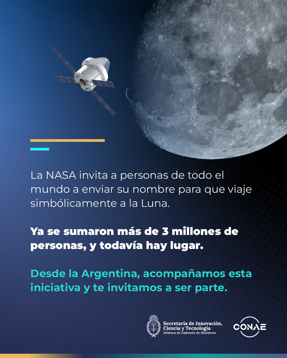 🌕 La Argentina es parte del regreso de la humanidad al entorno lunar.

🚀 A través de la misión ATENEA, desarrollada por la CONAE, nuestro país integra la misión Artemis II de la NASA.

Como parte de esta misión histórica, la NASA invita a personas de todo el mundo a enviar su