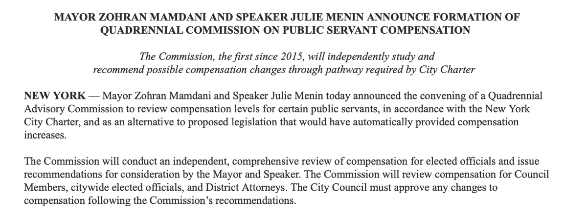 JCColtin's tweet photo. Friday news dump: Mamdani and Menin are forming a pay raise commission, a step towards raising city politicians' salaries.
De Blasio and Adams both refused to convene these commissions, which are meant to happen every four years. https://t.co/KTNm3iRGUG