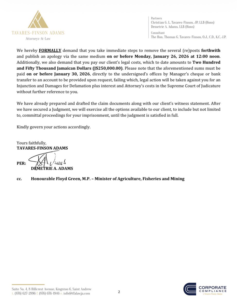 🚨🚨 Popular PNP activist John Polack got a legal warning from Floyd Green’s lawyers. They’re demanding that John:

- Delete the posts immediately
- Publicly apologise on the same platform
- Pay J$250,000 for legal costs

If he doesn’t comply, they say they’re ready to:

- Take