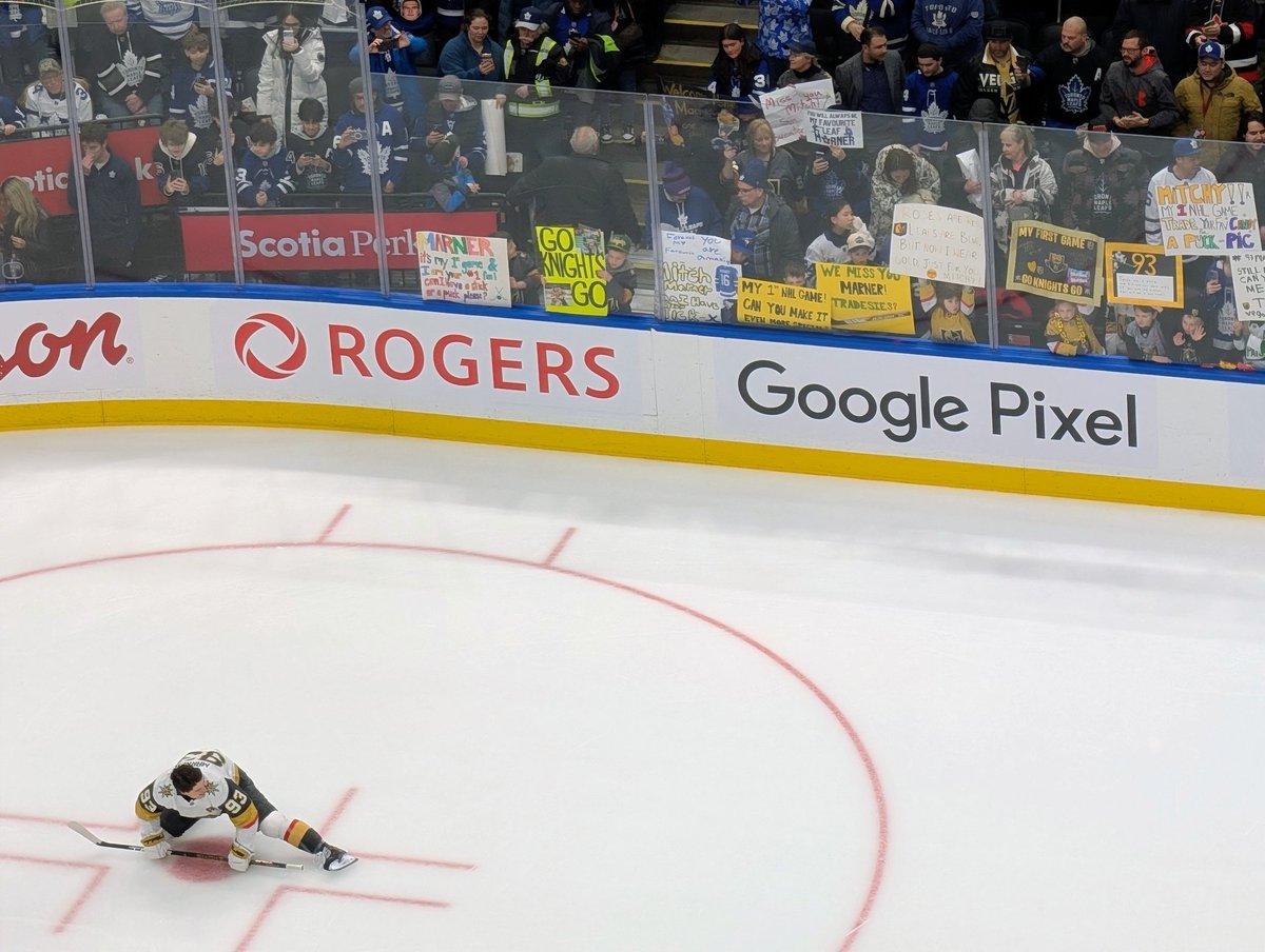 No bucket warmup for Mitch Marner in his return to Scotiabank Arena, and plenty of signs expressing support for him along the glass