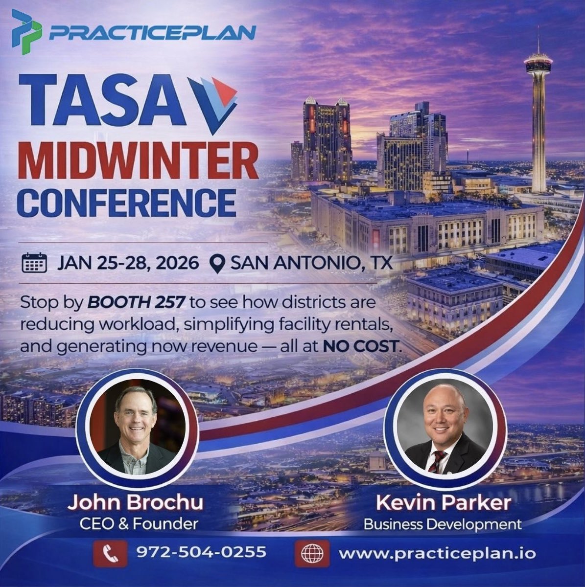 practiceplan_io's tweet photo. Heading to @tasanet Midwinter in San Antonio!
Come find PracticePlan at Booth 257 and see how districts are simplifying facility rentals and generating new revenue—at no cost.
#TASAMidwinterConference #K12Leadership #FacilityRentals #PracticePlan https://t.co/mHgYs9bJXj