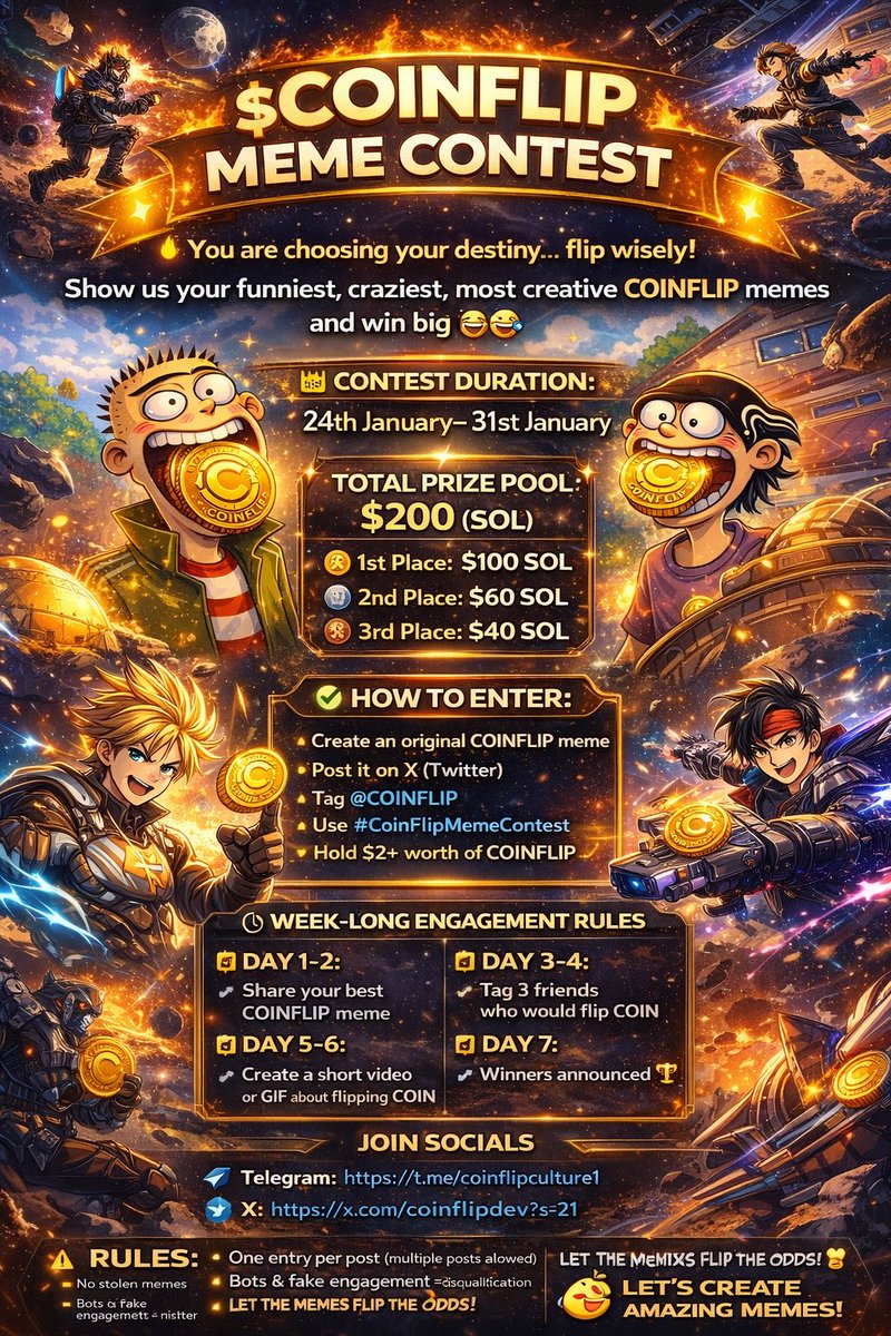 Coinflipdev's tweet image. 🔥 $COINFLIP MEME CONTEST 🔥
🪙 Flip wisely… destiny is watching.

💰 $200 SOL up for grabs
📅 Jan 24 – Jan 31

📲 Post on X
🏷️ Tag @coinflipdev
#️⃣ #CoinFlipMemeContest

🚫 No bots. No stolen memes.

👇 Submissions entered here👇Join the fam
TG: t.me/coinflipcultur…