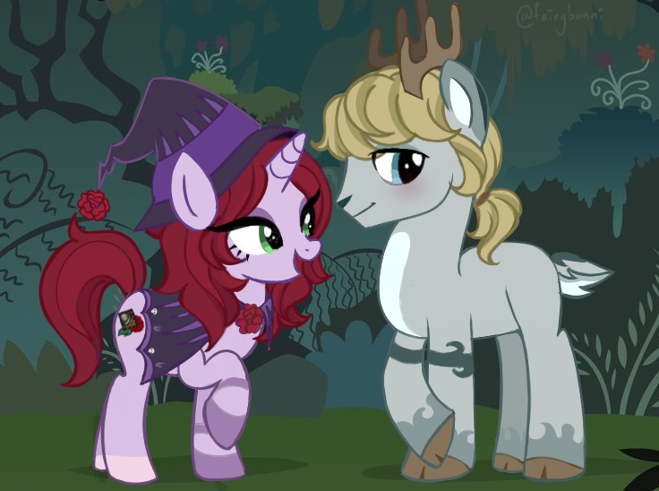fairybunni's tweet image. A witch pony and a deer hanging out at the Everfree forest 🌳

You guys should draw your sona and f/o as ponies ✨️ (@Yannaneko gave me such a cute mlp concept and I decided to draw it) #lawrenceoleander #rose #gravegarden #ocxcanon #yumeship