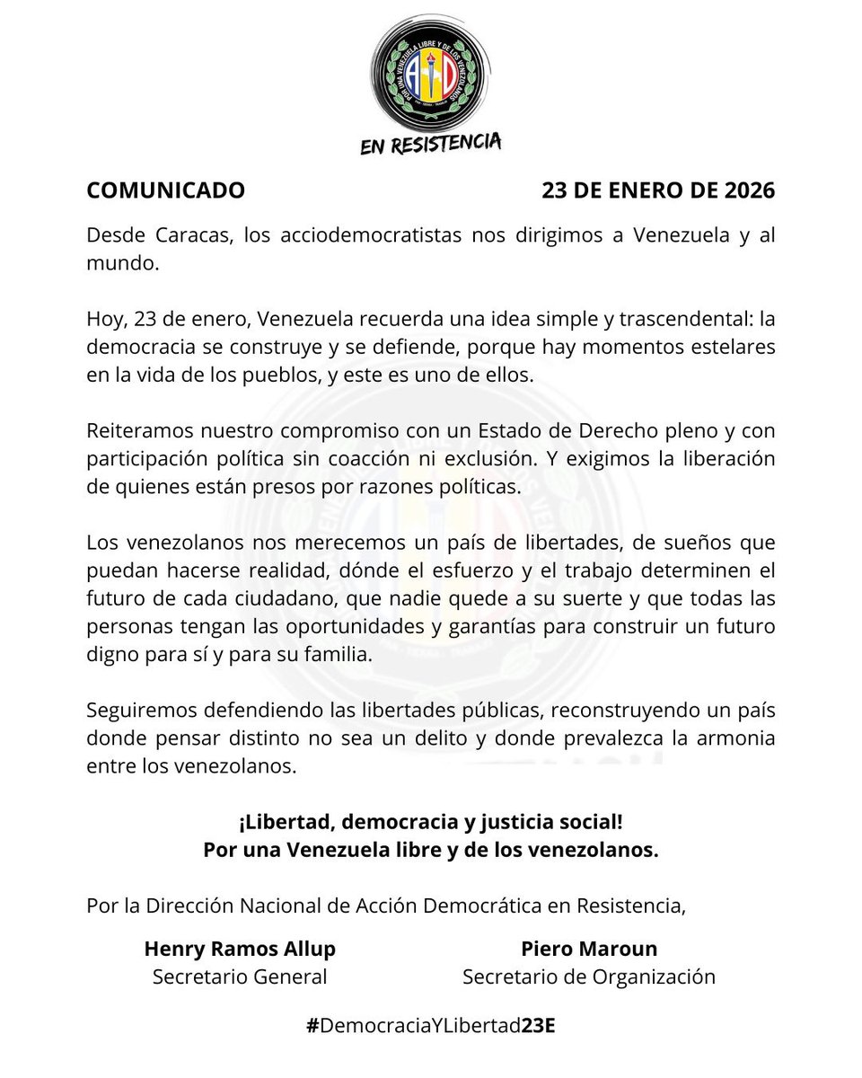 23E de 1958, empezó una nueva historia en Venezuela, q trajo consigo progreso, oportunidades y una vida en democracia. Han querido borrar esa realidad, donde nuestro país vivió los mejores 40 años de vida republicana.
Por la historia, por nuestro país y por todos los venezolanos.