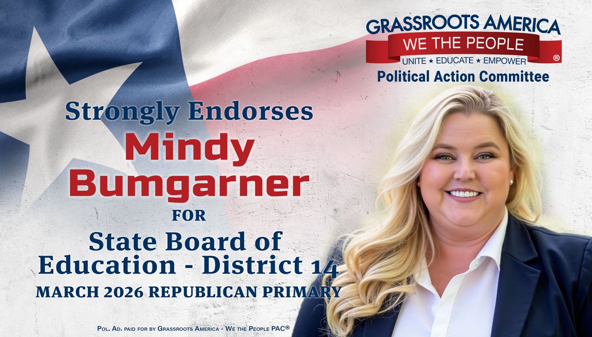 Grateful and honored to receive the endorsement of Grassroots America: We the People. Thank you to the grassroots leaders and volunteers standing up for parents, students, and conservative values. Together, we’ll get back to the basics and make Texas education the very best for