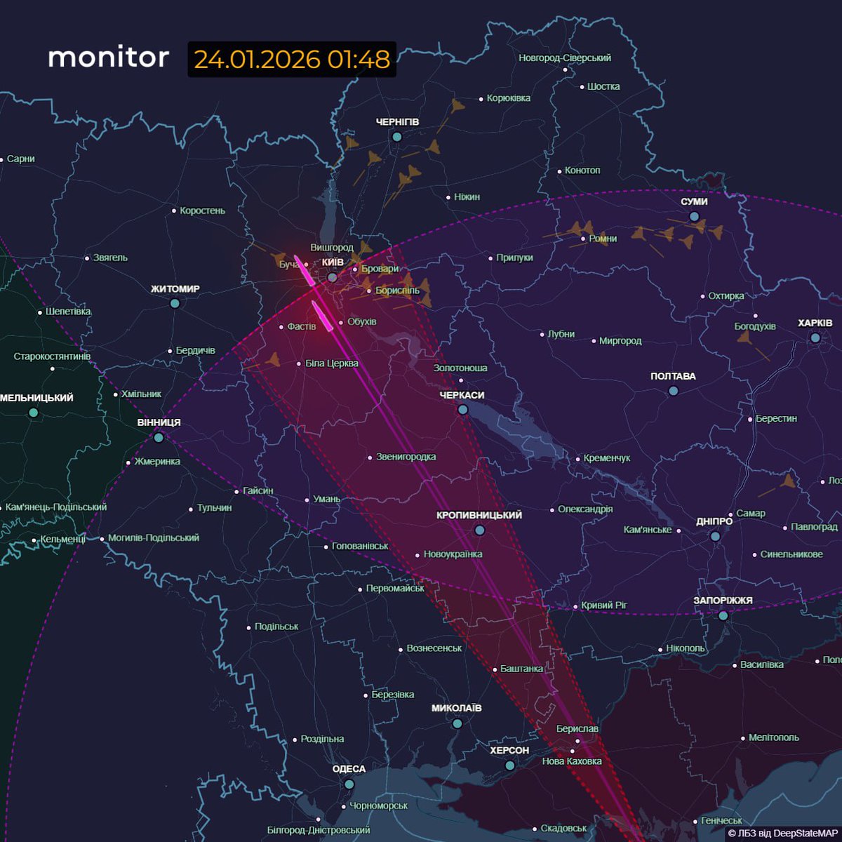 Пуски гіперзвукових Цирконів з Криму по Київщині.

01:50 24.01.26