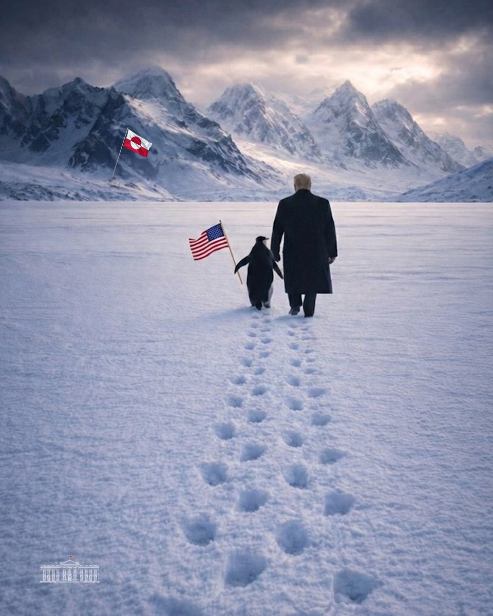 MAGALieTracker's tweet image. BREAKING: The White House just posted this AI slop of Trump walking with a Penguin on American-controlled Greenland. There are no penguins in Greenland or anywhere in the Northern Hemisphere.