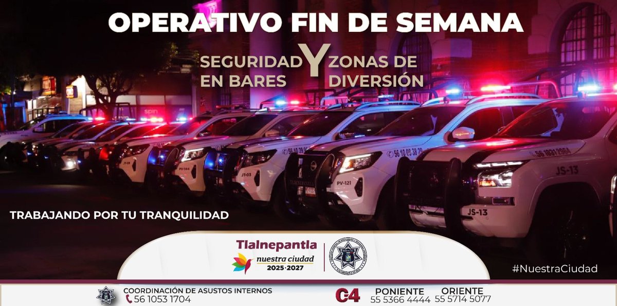 Realizamos recorridos de vigilancia en zonas de bares y restaurantes para garantizar un ambiente tranquilo. Disfruta con responsabilidad y recuerda: si tomas, usa taxi o plataforma.

Nosotros te cuidamos.

#NuestraCiudad #TlalnepantlaCiudaSegura