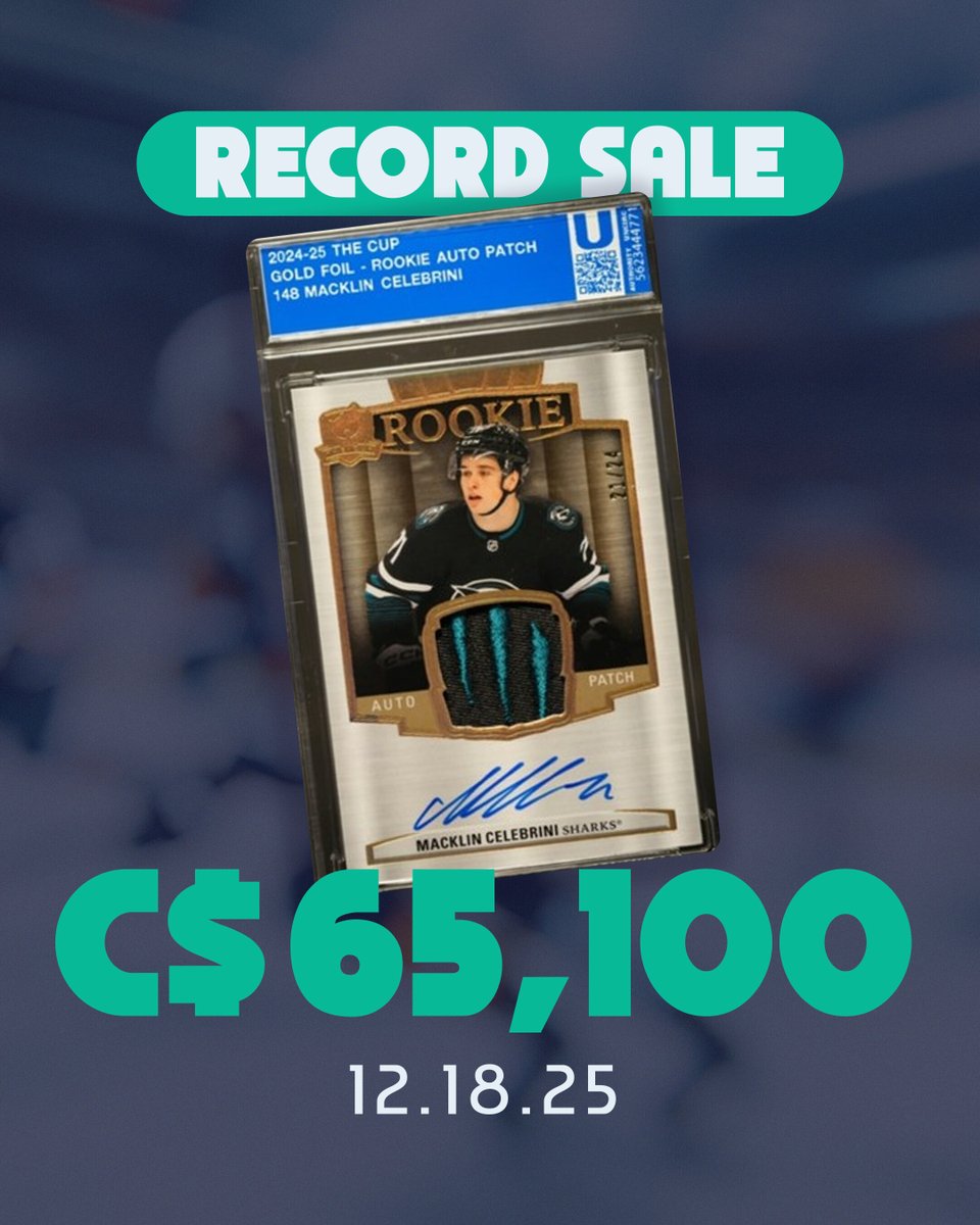 authcollect's tweet photo. A new benchmark for modern collecting.

A Macklin Celebrini Gold RPA sold for a record C$65,100 via @slabsharks, authenticated &amp; slabbed by The Authority.

This is what transparent, trusted grading enables.

Explore: https://t.co/VmCa4zh4aC

#HockeyCards #Celebrini #RecordSale https://t.co/OxNPqWzyvE