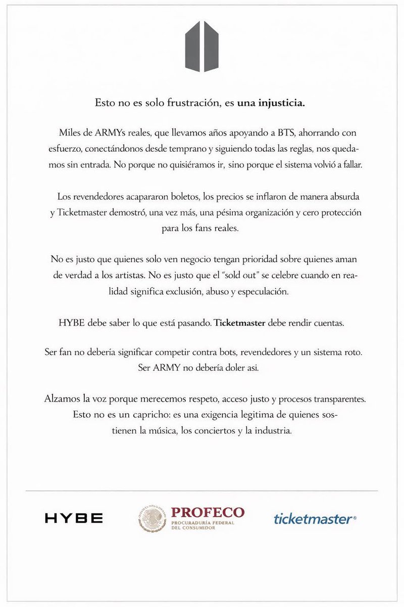 No pedimos privilegios: pedimos justicia, control y responsabilidad.

Protejan al fandom de su artista más importante.

#BTS #BTSWorldTour2026 #ARMY #StopReventa <a href="/Profeco/">Profeco</a> #NoALaReventa
#NoALosRevendedores 
#BTS_WORLDTOUR_MEXICOCITY
