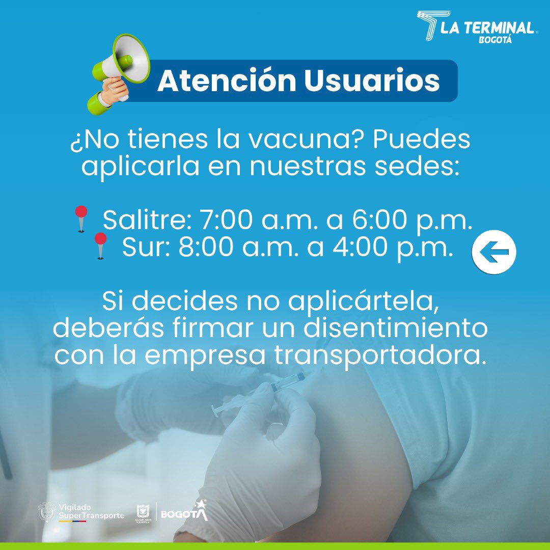 ¡La prevención es clave!🛡️

Ante la emergencia por #FiebreAmarilla, y en articulación con <a href="/MinSaludCol/">MinSalud Colombia 🇨🇴</a>, <a href="/MinAmbienteCo/">MinAmbiente Colombia</a> y <a href="/SectorSalud/">Secretaría Distrital de Salud</a>, reforzamos acciones para cuidar a los viajeros

🚨Te invitamos a tener en cuenta las recomendaciones antes de viajar

#EnLaTerminalNosCuidamos👇🏻