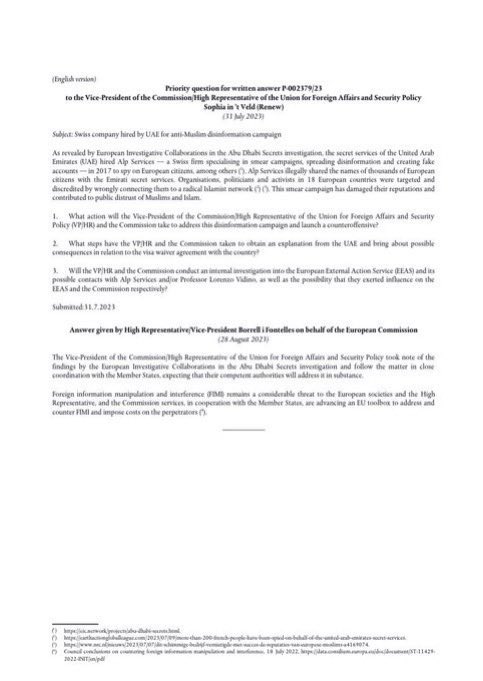 عاجل/ بالوثائق والأدلة ( جديد )...📍:

وثائق مسربة من وسط البرلمان الأوروبي تفيد أن دولة الإمارات العربية المتحدة ممثلة في إمارة " ابو ظبي " دفعت ملايين الدولارات لشركة سويسرية تهدف شن حملات تشويه لأجل غلق المساجد في جميع أنحاء أوروبا بتهم واهية، حيث قامت باستهداف مساجد السنة