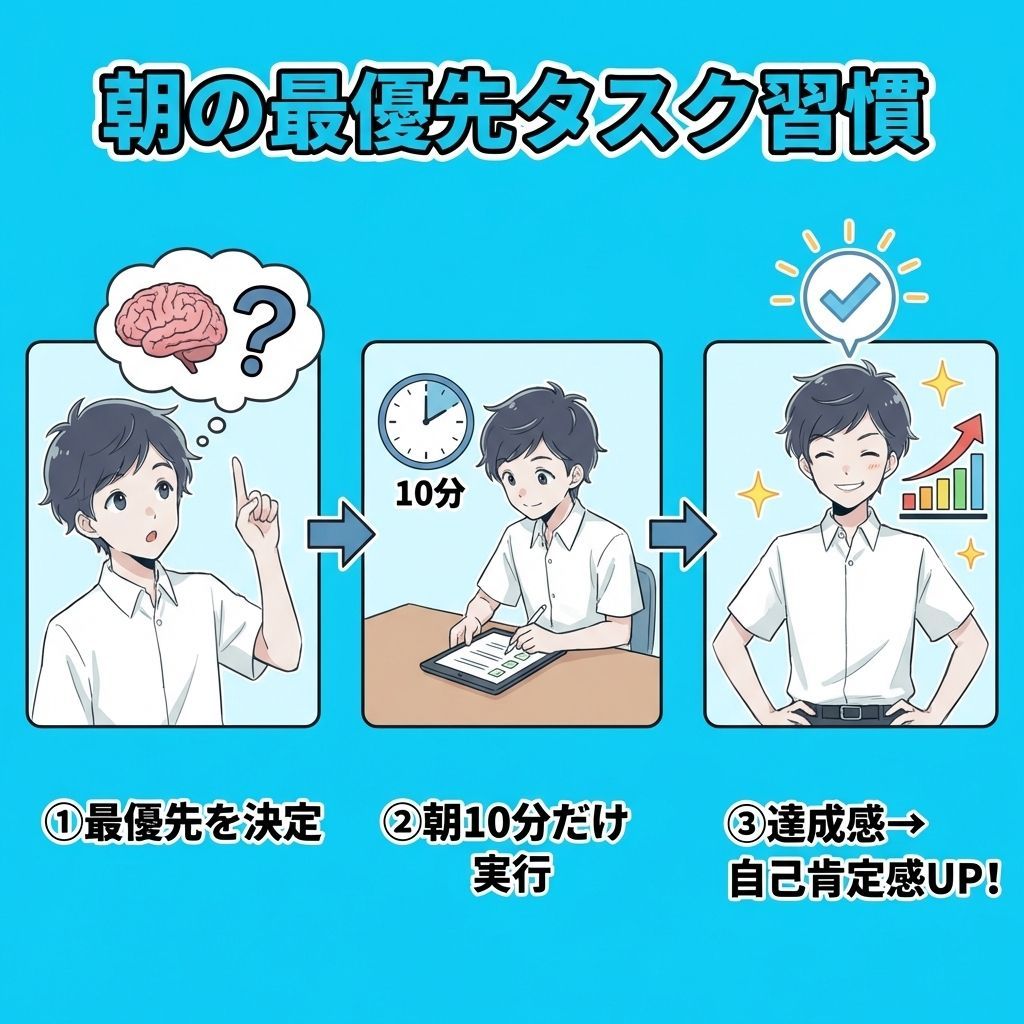 ipadenrichlife's tweet photo. 【朝に最優先タスクをする時間をつくる】
まだ数日のみ継続中ですが、効果あり。

①「今日一番、大切なことは何？」と
問いかけ、決める

②10分でもいいからやってみる。

③一番大切なことに取り組めた、やり遂げた
ので自信がつく→自己効力感（自分への自信）アップ https://t.co/VjaFNPpZu6