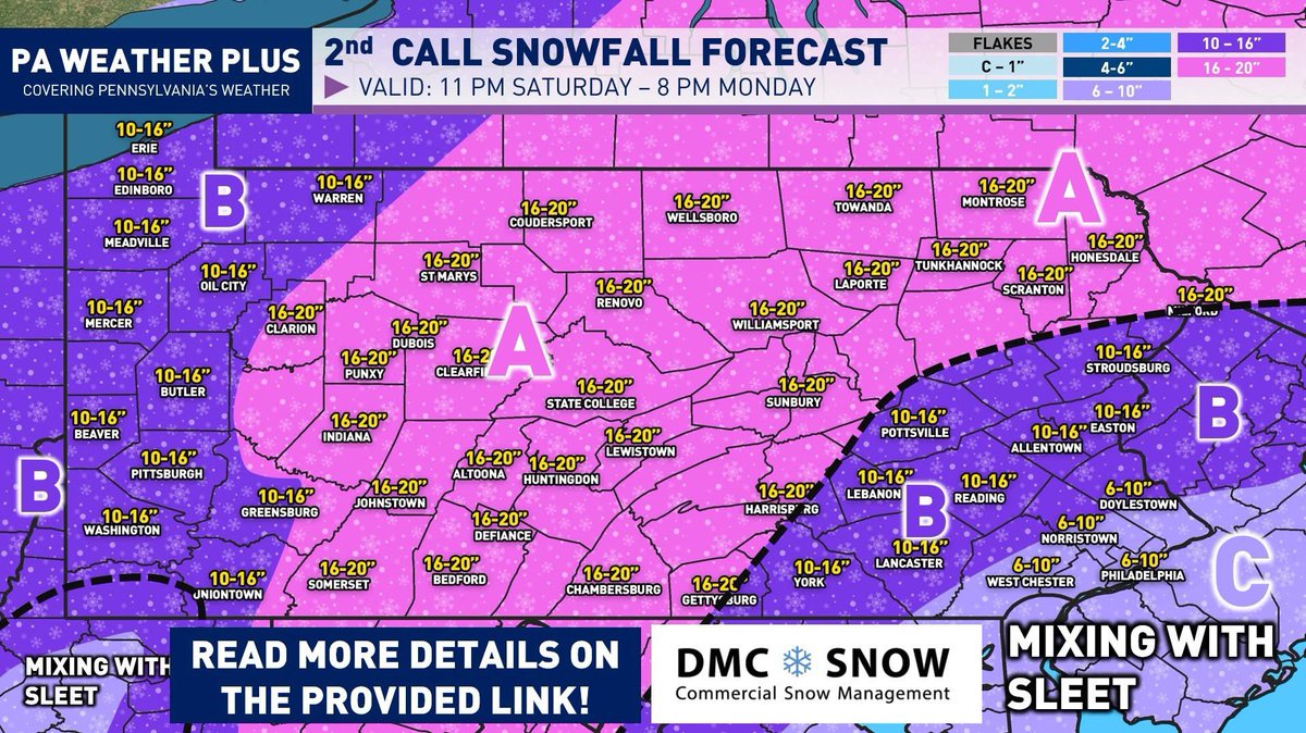 ** EVENING SNOWFALL FORECAST UPDATE FOR PENNSYLVANIA **

[READ MORE HERE ON TIMING, IMPACTS, AND SNOWFALL: paweatherplus.com/second-call-sn…]

6 PM UPDATE: No need to update the snowfall map from this morning-woohoo! The same thoughts from this morning will hold. I expect the snow/sleet