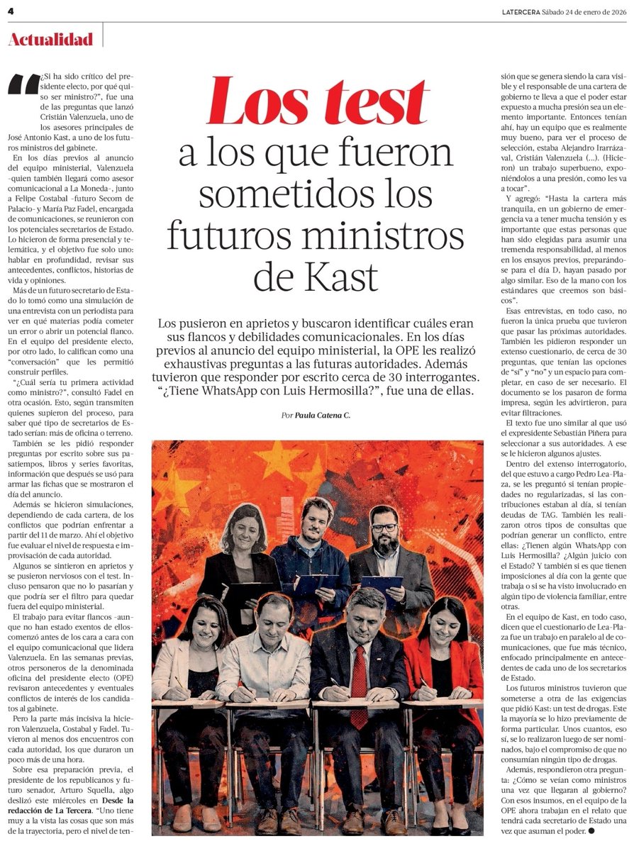 ChilePortadas's tweet image. 📰 Los test a los que fueron sometidos los futuros ministros de Kast