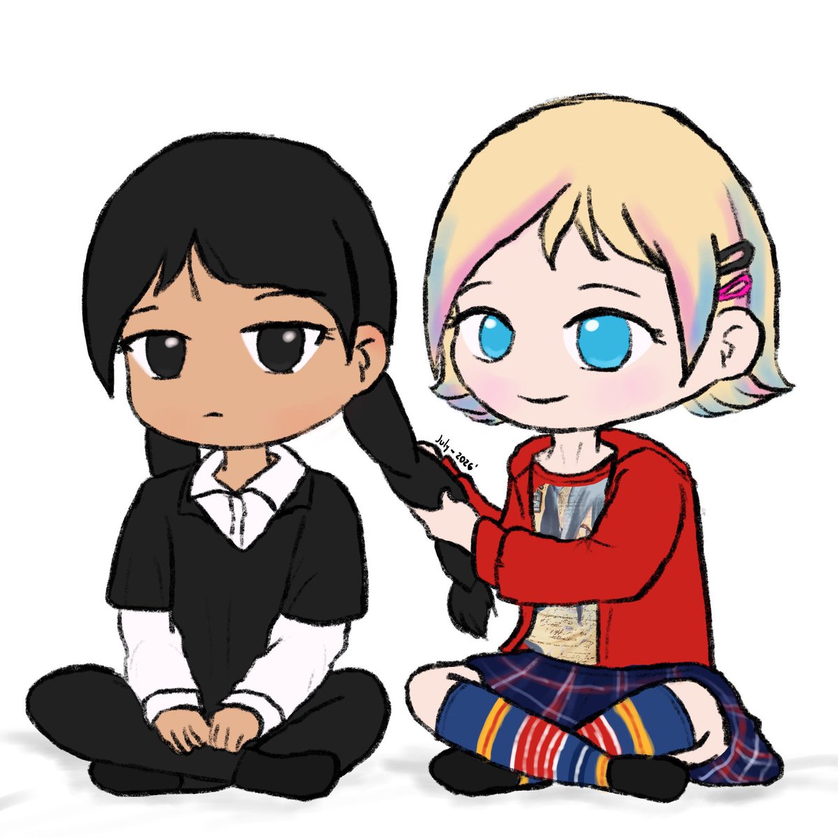 dragohysteriax's tweet image. Helping you braid your hair 🐦‍⬛🐺🩷🖤

#wenclair #wenclairfanart #WednesdaySeason2 #wednesday