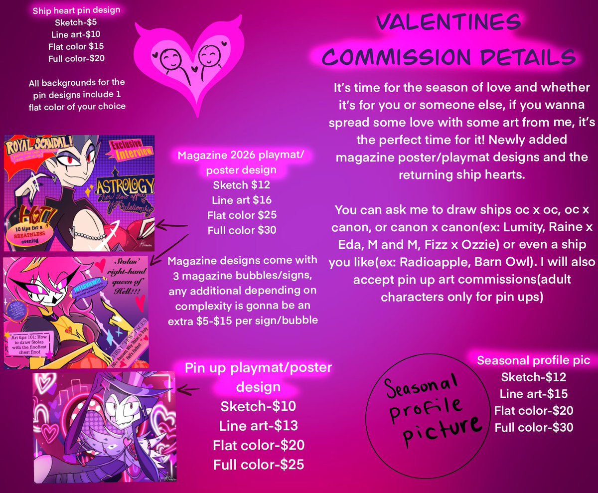 starmiaofairy's tweet photo. COMMISSIONS OPEN WITH UNLIMITED SLOTS! New options including the new magazine valentines 2026 designs! Art samples down below and message me if interested(see new rule for those who have never commissioned me on how to message me on the rules page) #commissionsopen https://t.co/Al5GR8JtXl