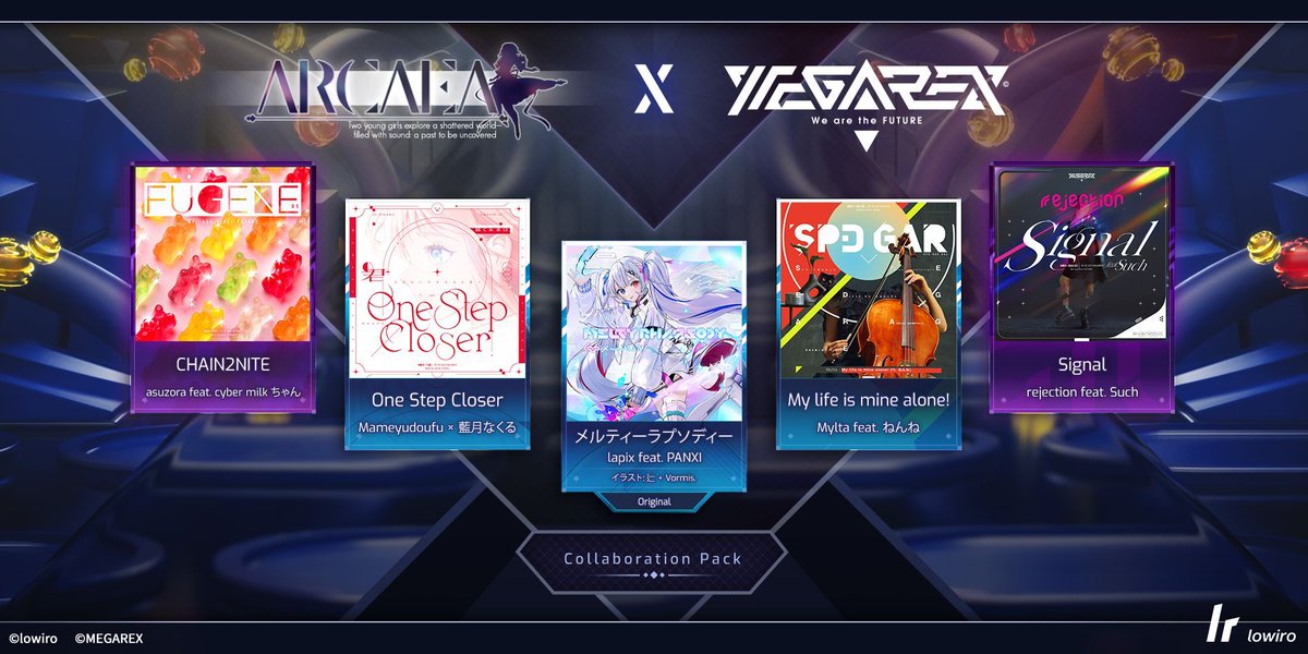 arcaea_jp's tweet image. Ver. 6.12は1/29リリース！
ついに実現したコラボパック、登場。
4つの名曲に加えて、コラボ新曲も収録！

【"メルティーラプソディー" by lapix feat. PANXI】

はるか先より届く声───。
進め、その声が導く地平線へ。
#arcaea #MEGAREX