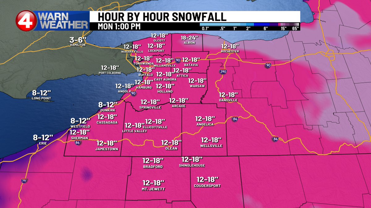 These cumulative totals are my final answer (as of 7pm 1/23) for the weekend's widespread snow.  Saturday will just be extremely cold with minor lake flakes, Sunday will mark the start of a widespread 1ft+ for most of NY and PA.  Stay tuned for updates
#News4Buffalo #4WarnWX