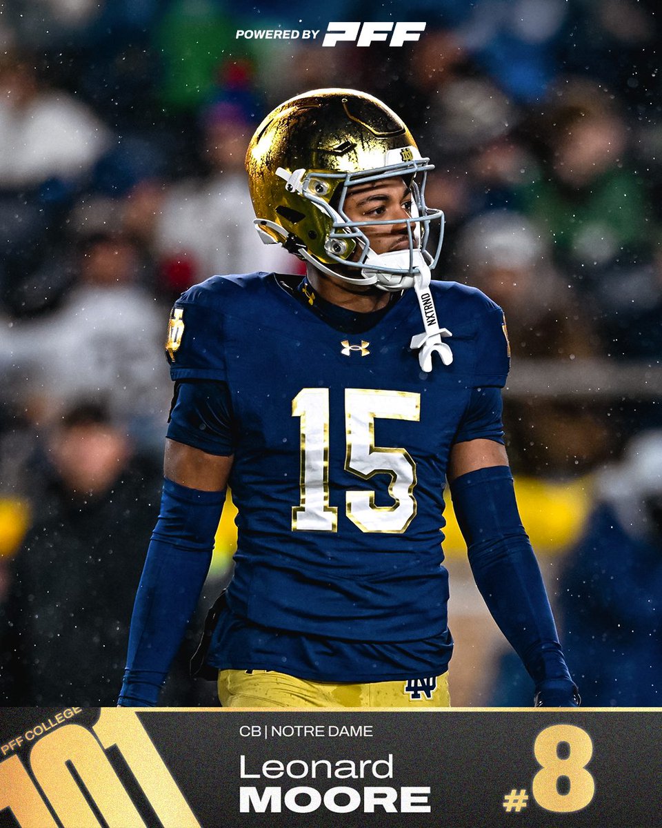 Top 101 Players from 2025 College Football Season:

#8: CB Leonard Moore, Notre Dame

☘️ Highest Graded Cornerback Last Season (91.8)